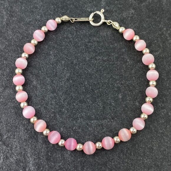 New Women's Sterling Silver 925 Pink Synthetic Cat's Eye Beaded Bracelet 7" - Picture 1 of 5